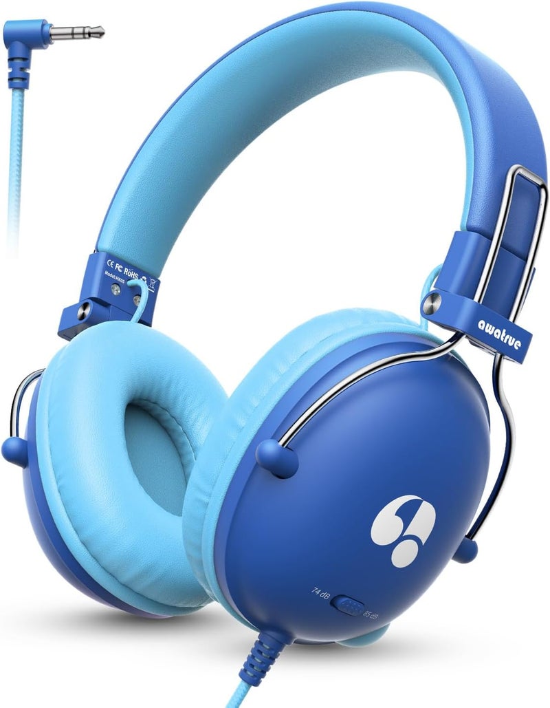 awatrue Kids Headphones with Cord, 74/85dB Safe Volume Limit, Stereo Sound, Wired On-Ear Headphones for Kids Boys Girls, 3.5mm Jack for Tablet, iPad, Kindle, YOTO Player, Airplane Travel, Blue - Image 1